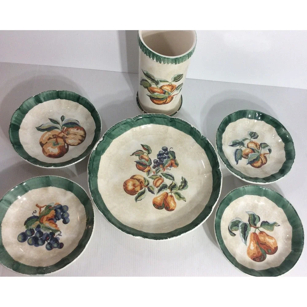 Mid Century Himark Spongewear Italy Pottery Pasta Bowl Set Cottage Core Green